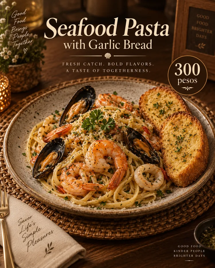 Seafood Pasta with Garlic Bread
